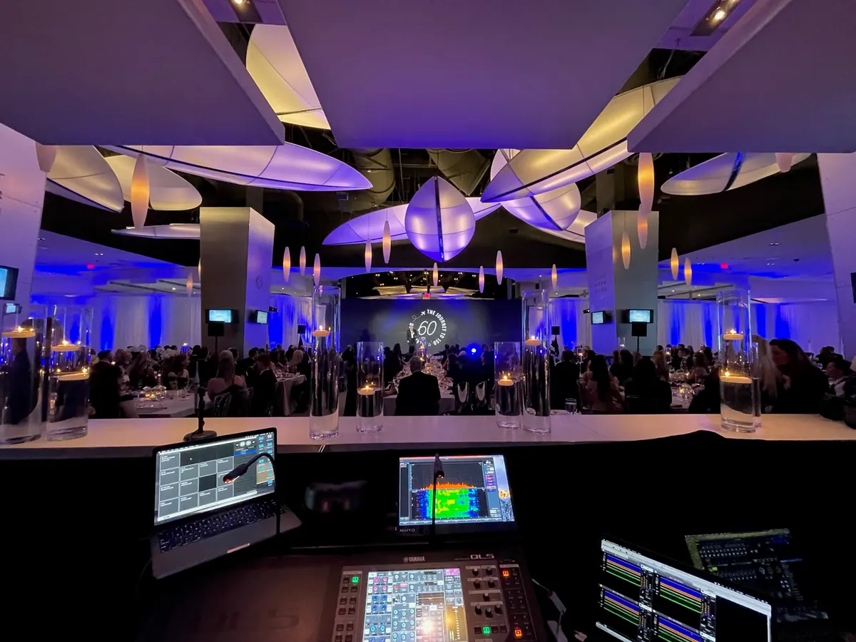 Gala dinner, room lit in blue